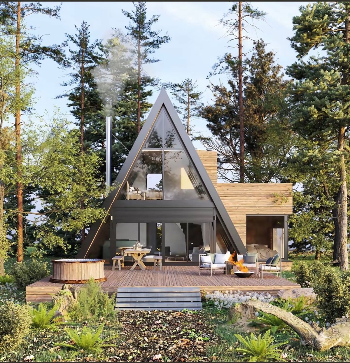 A-frame resort cabin with deck in a forest setting