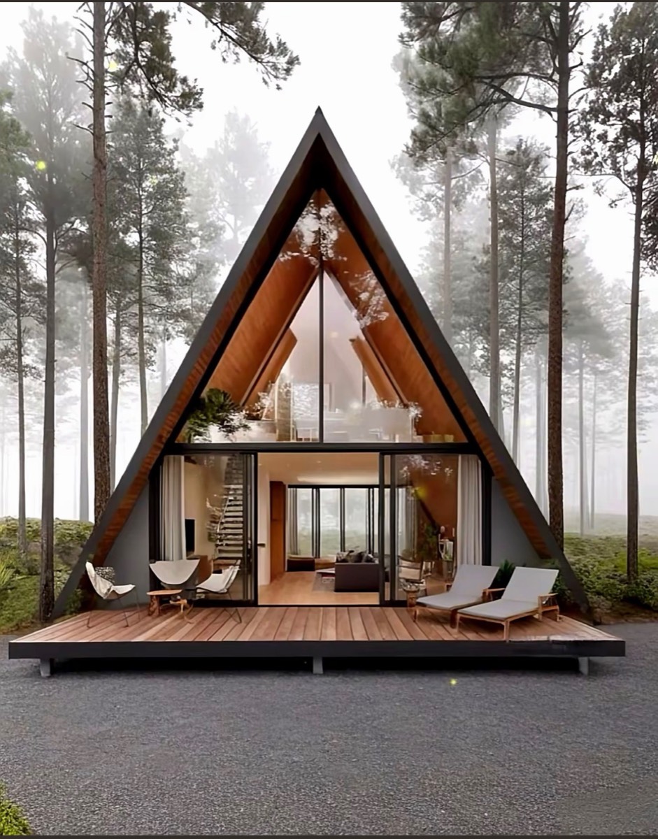 A-frame cabin with full-height glazing and terrace