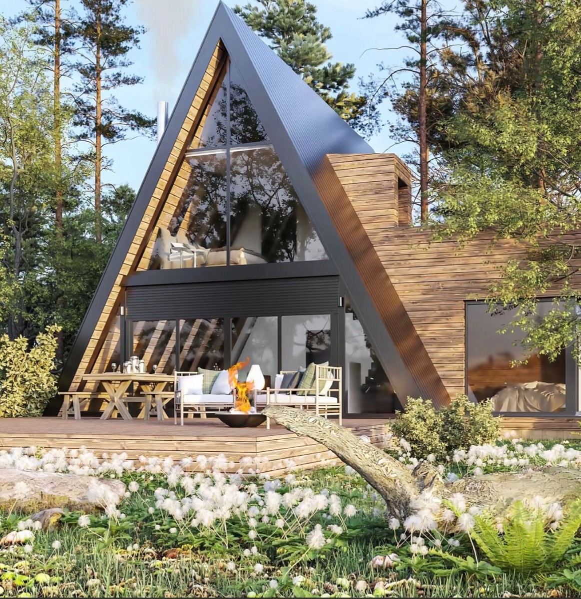 A-frame resort cabin with panoramic glazing and timber deck