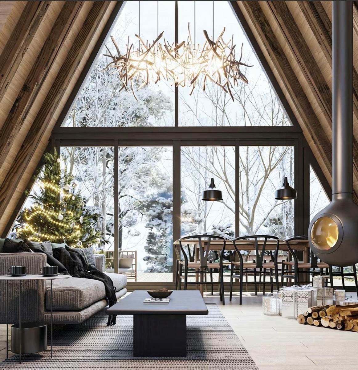 Panoramic A-frame living and dining room