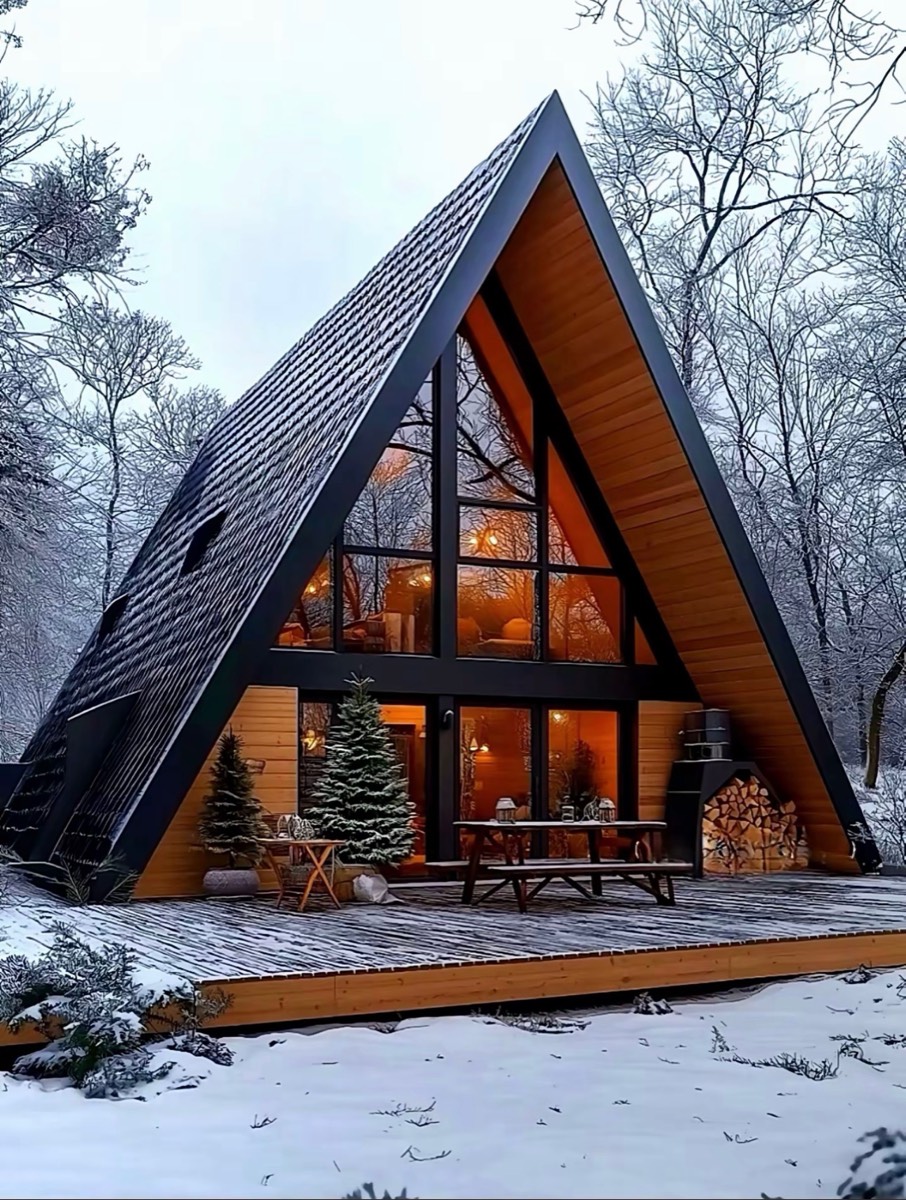 A-frame cabin exterior in a snowy woodland setting