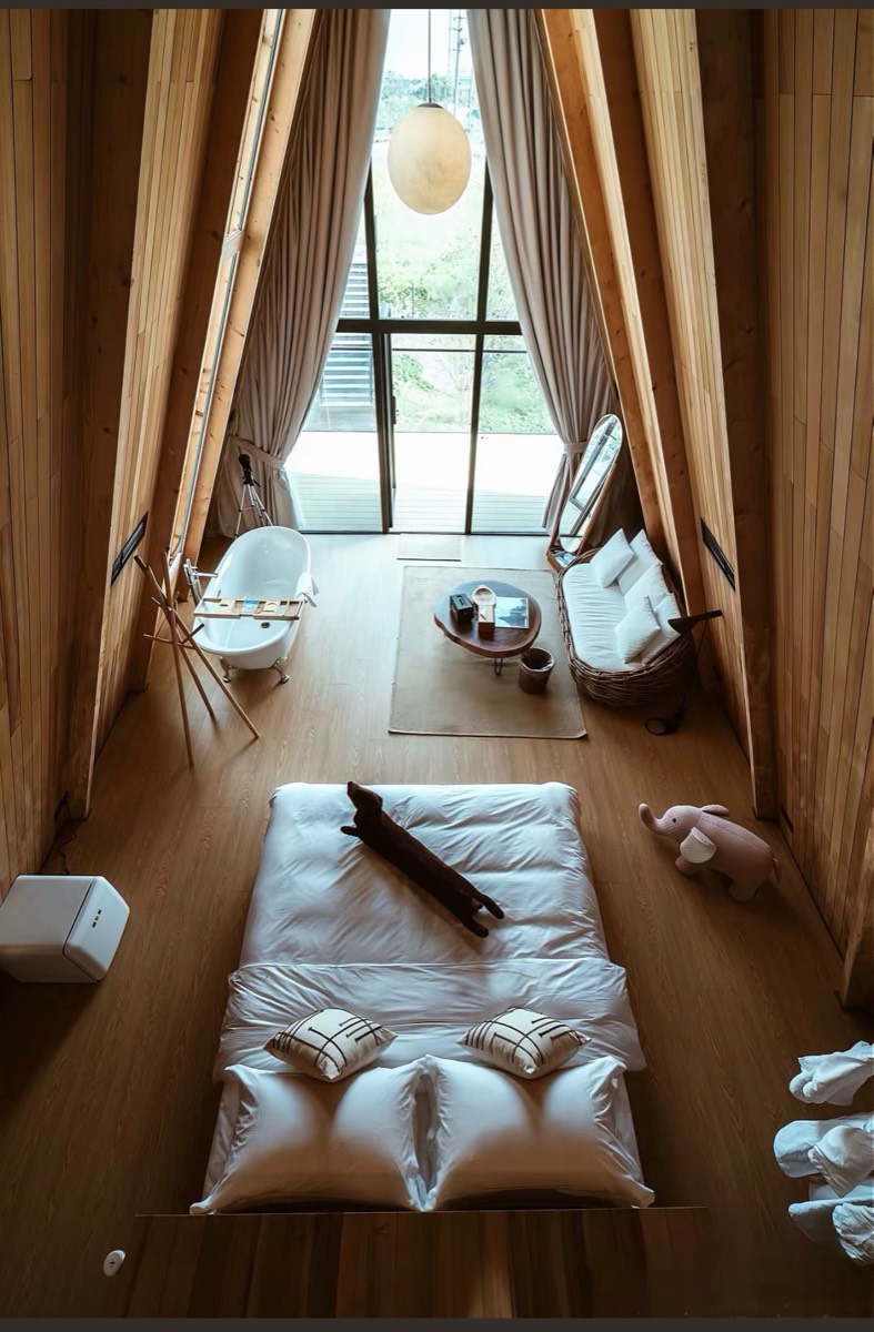 Tall timber-lined A-frame guest suite with bath