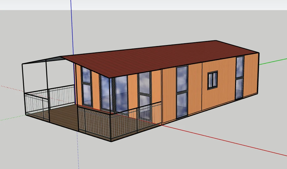 Front angle concept of a customized double-wing expandable house with veranda