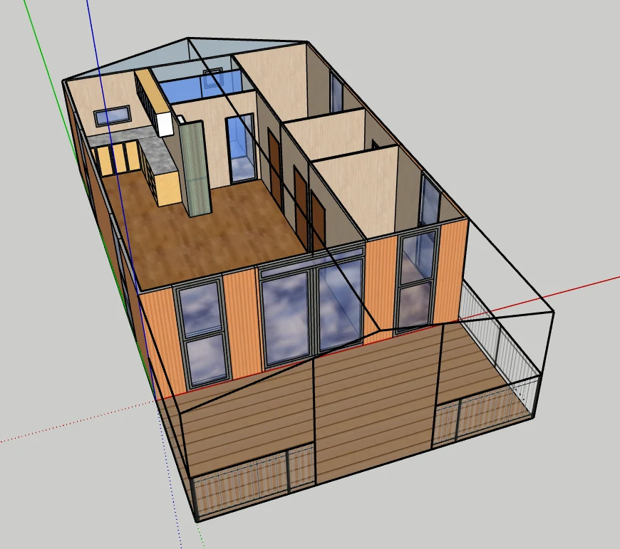 Cutaway floor plan showing rooms, bathroom and kitchen cabinets in a custom expandable house