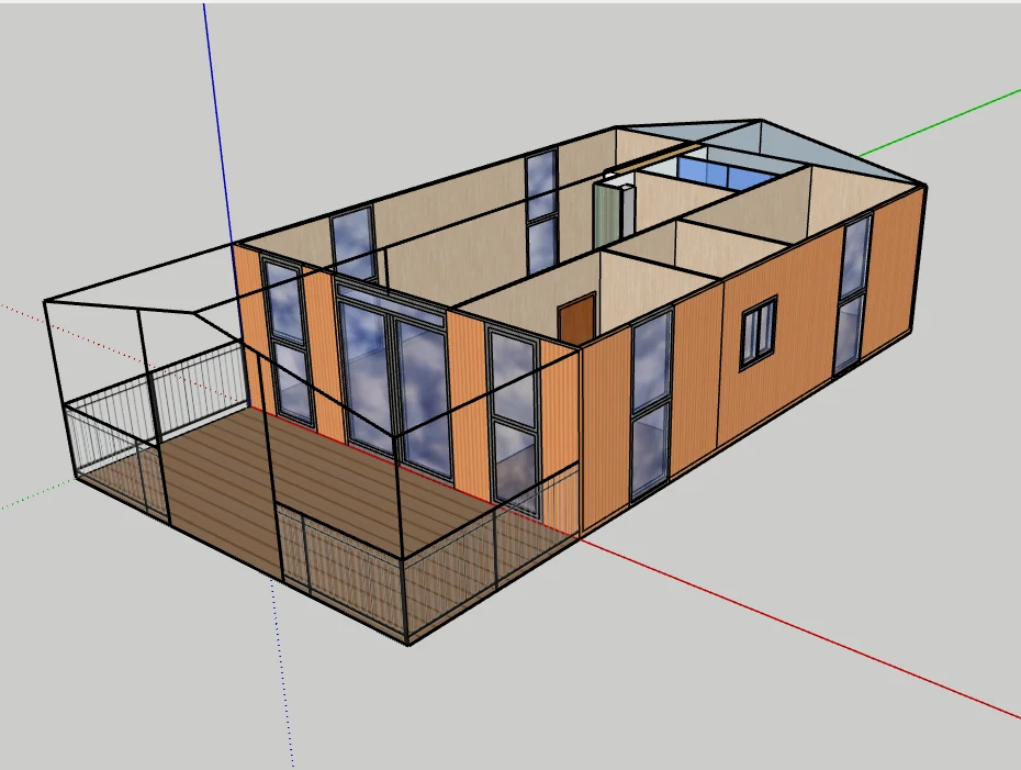 Three-dimensional room layout for a custom double-wing expandable house