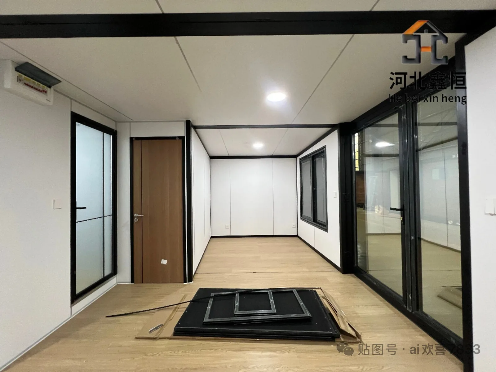 Bright expandable house interior with windows, sliding glass doors and finished floor