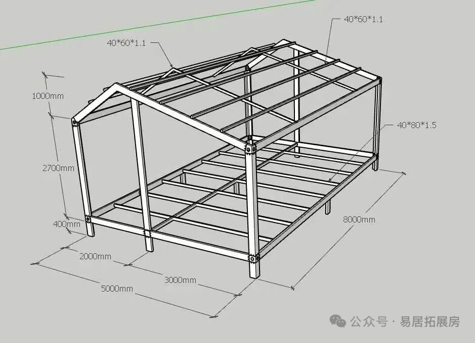 Illustrative prefabricated house frame drawing with structural dimensions