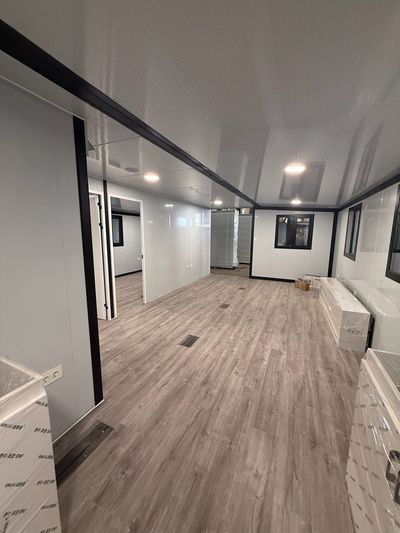 Finished open-plan modular house interior