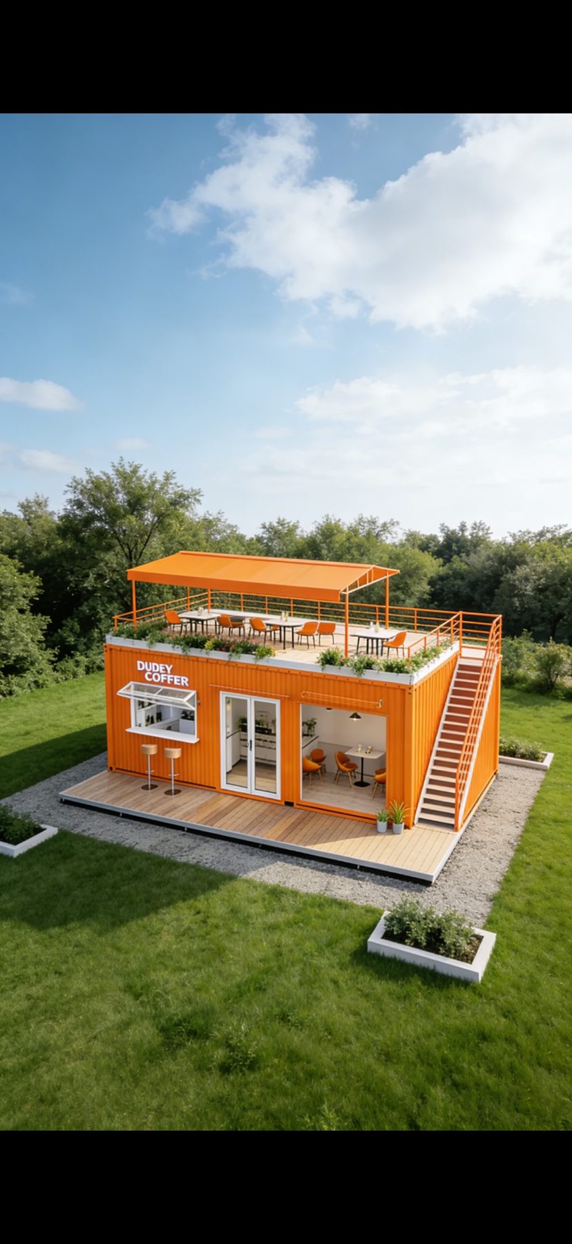 Compact modular site office with wood-look facade viewed from above
