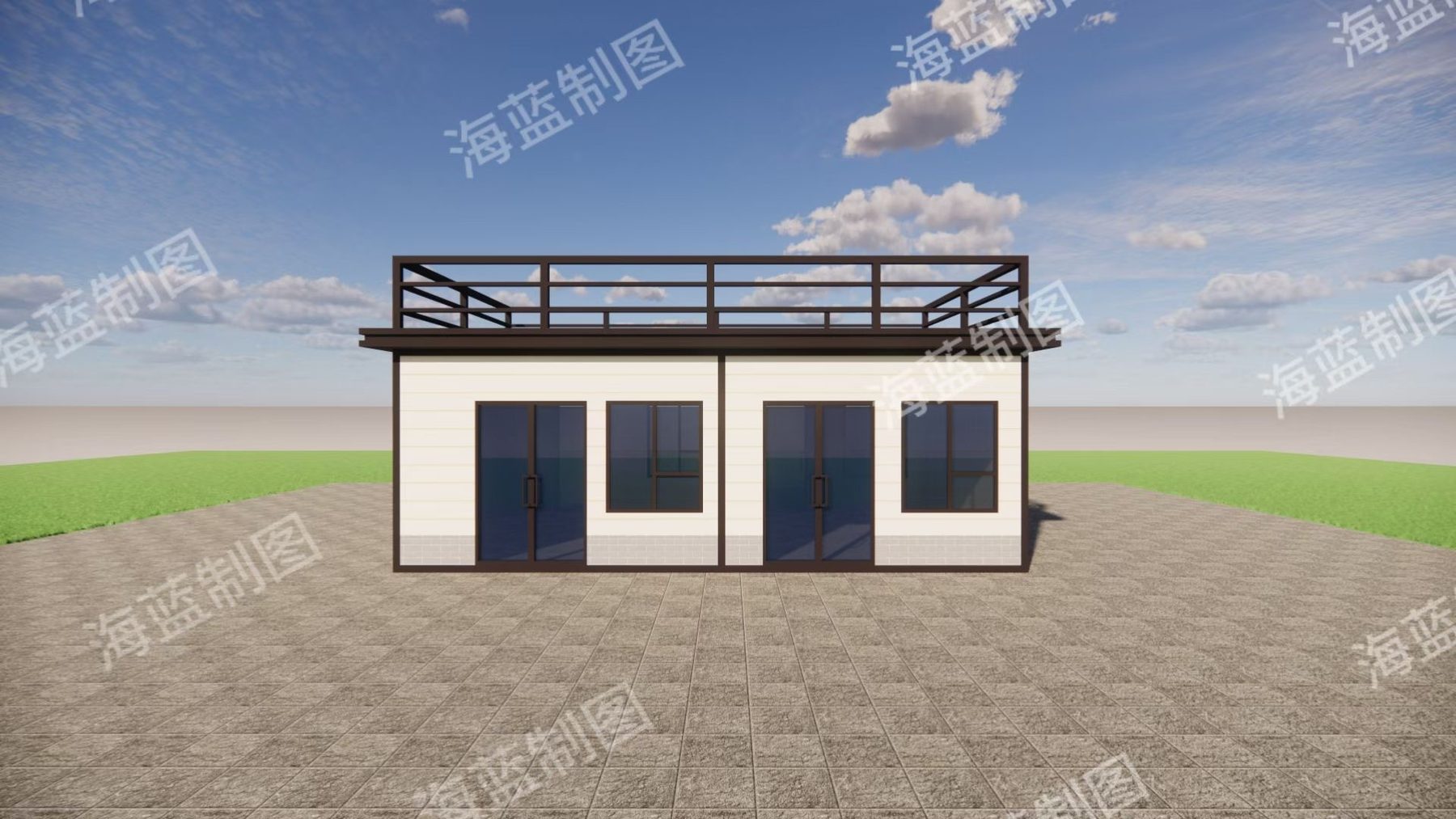 Concept visualization of a modular house with roof terrace