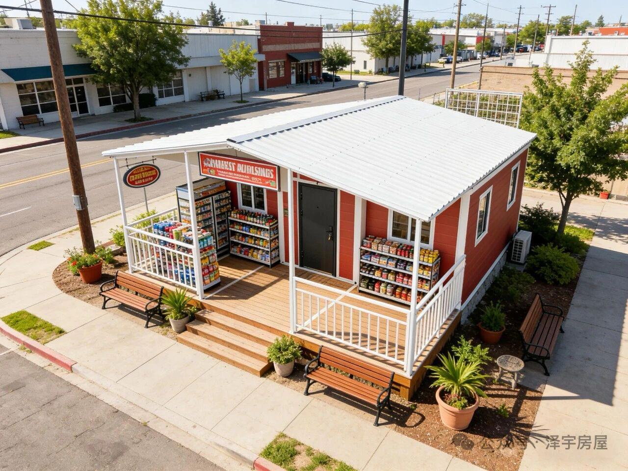 Compact modular community service building with covered entrance and accessible approach