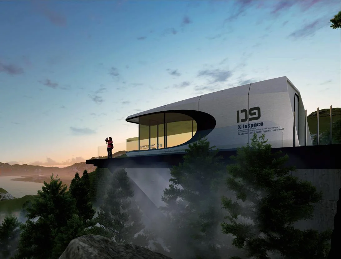 D09 capsule cabin concept overlooking a mountain landscape