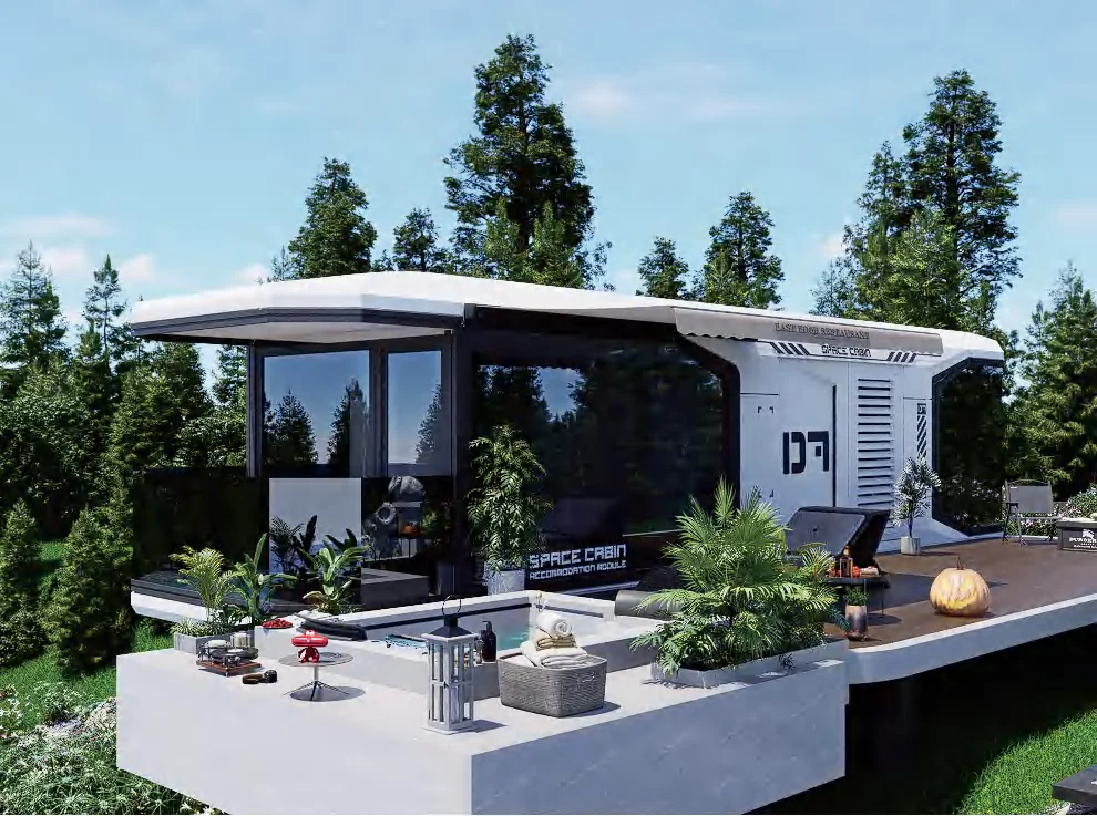 Panoramic space capsule homestay pod in a landscaped garden