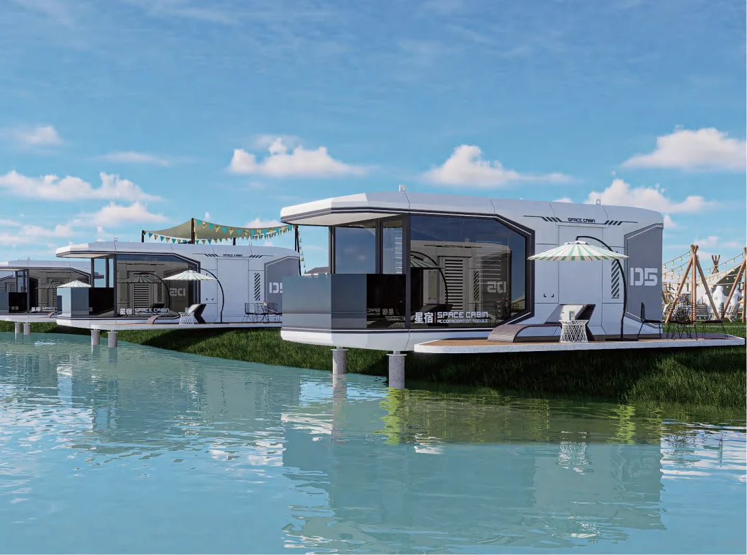 Concept of space capsule houses arranged beside water
